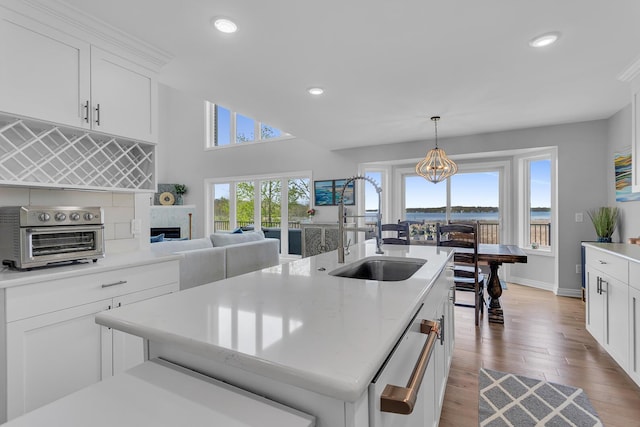 146 Bloomfield Blvd, Brooklyn, MI 49230 - kitchen with white cabinets, a sink, an island with sink, wood finished floors, and a toaster