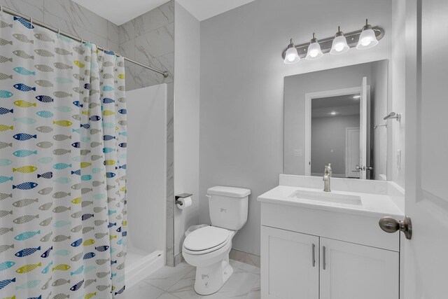 146 Bloomfield Blvd, Brooklyn, MI 49230 - bathroom with toilet, a shower with shower curtain, marble finish floor, and vanity