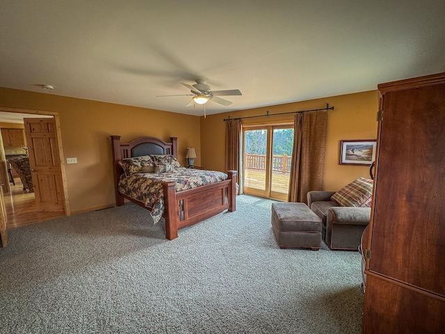 bedroom featuring a ceiling fan, access to exterior, and carpet