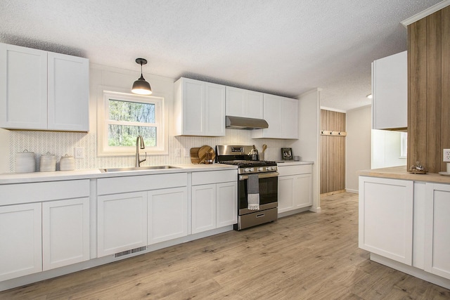kitchen featuring stainless steel range with gas stovetop, a sink, under cabinet range hood, and tasteful backsplash