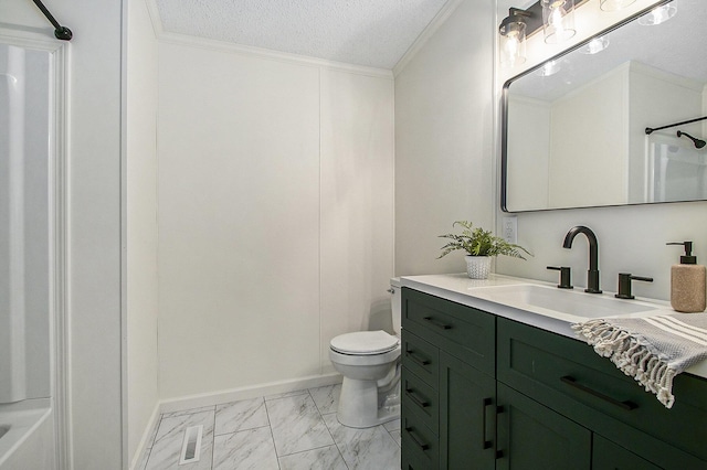 full bath featuring vanity, toilet, marble finish floor, visible vents, and ornamental molding