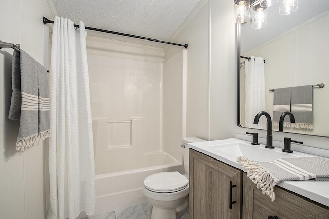 full bath featuring crown molding, shower / bath combo, vanity, toilet, and marble finish floor