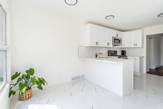 kitchen with decorative backsplash, gas stove, a sink, stainless steel microwave, and marble finish floor