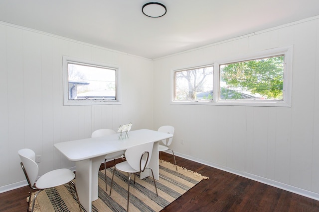 dining space with a wealth of natural light and dark wood-type flooring