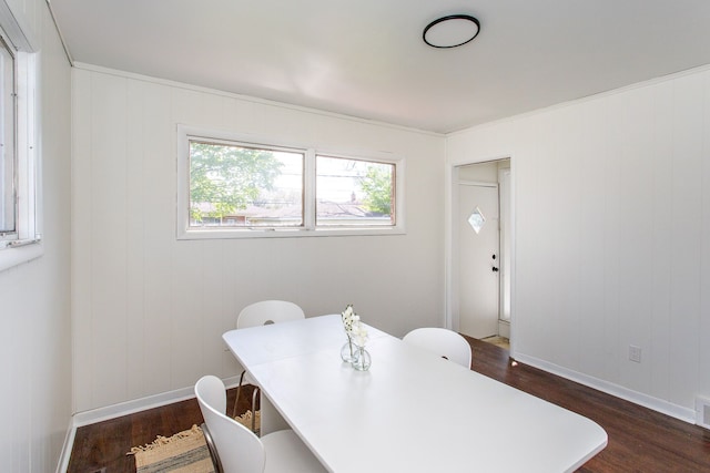 home office with baseboards and dark wood finished floors