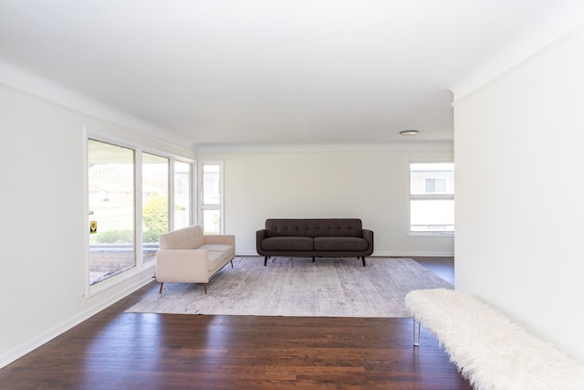 living room with baseboards, a healthy amount of sunlight, and wood finished floors