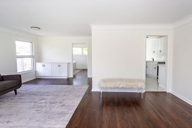 unfurnished room with baseboards, plenty of natural light, and dark wood-style floors