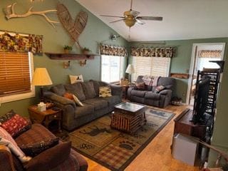 10100 Woodlawn Rd, Saint Helen, MI 48656 - living area with vaulted ceiling and ceiling fan