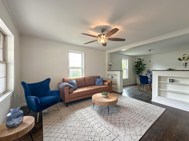 524 E Farnum Ave, Royal Oak, MI 48067 - living room with baseboards, crown molding, dark wood-style flooring, and ceiling fan