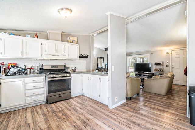 kitchen with gas stove, decorative backsplash, ornamental molding, and under cabinet range hood