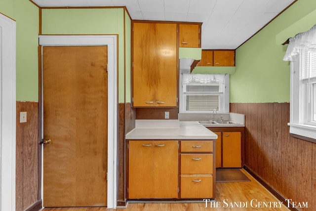 kitchen with wooden walls, wainscoting, a sink, light countertops, and light wood-type flooring