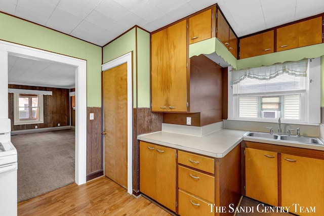 kitchen with brown cabinetry, wood walls, light countertops, a sink, and light wood finished floors