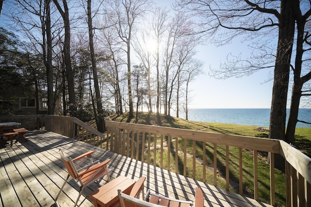 wooden deck featuring a water view