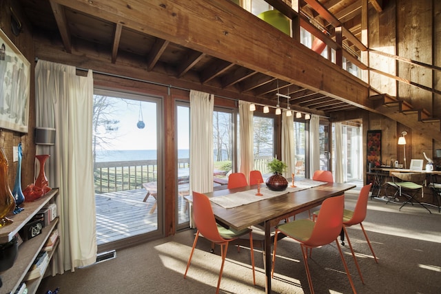 sunroom featuring plenty of natural light, carpet flooring, a water view, and wood walls