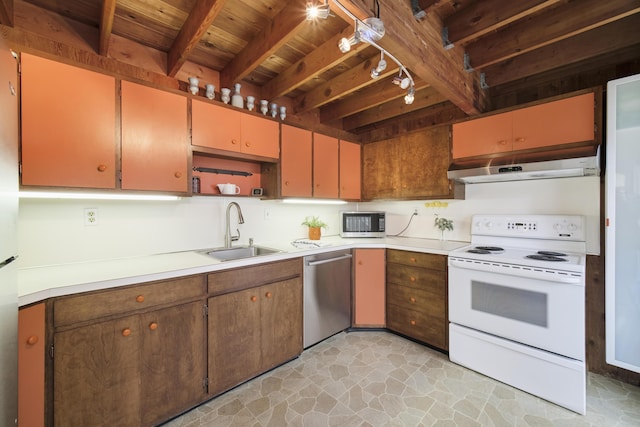 kitchen with dishwasher, a sink, beamed ceiling, white electric range oven, and under cabinet range hood