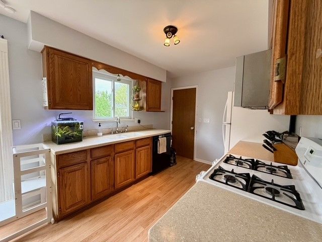 kitchen featuring black dishwasher, white range with gas cooktop, brown cabinets, a sink, and light wood finished floors