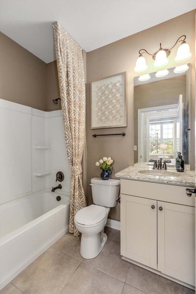 2774 Polson St, Ann Arbor, MI 48105 - bathroom with vanity, shower / bath combination with curtain, toilet, baseboards, and tile patterned floors