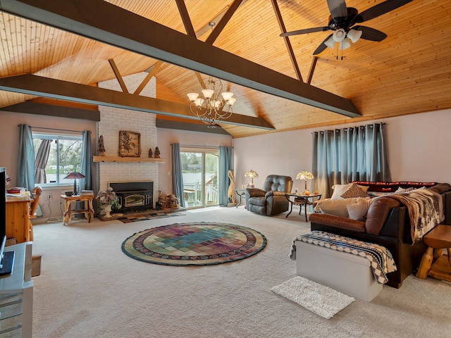 living area with carpet flooring, wooden ceiling, vaulted ceiling with beams, and plenty of natural light