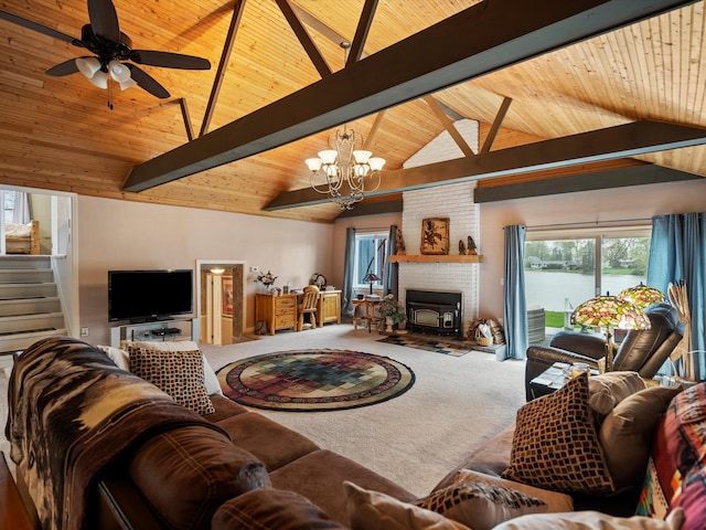 carpeted living area with wooden ceiling, lofted ceiling with beams, ceiling fan with notable chandelier, and stairs