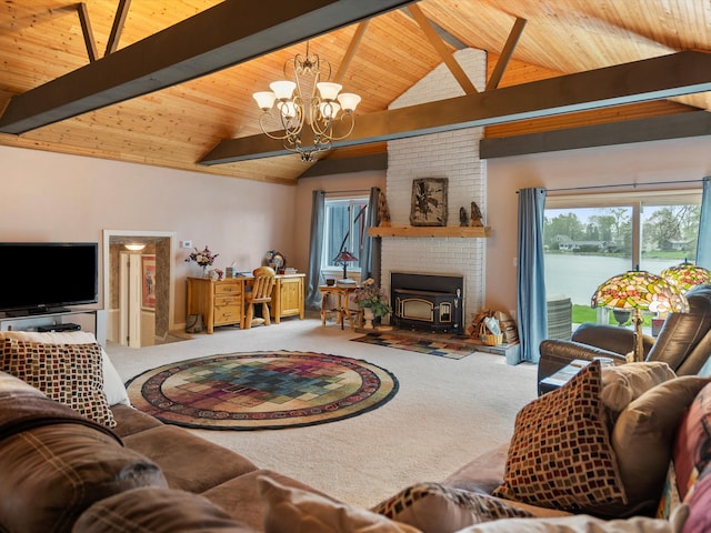 carpeted living area with wood ceiling, a notable chandelier, vaulted ceiling with beams, and a water view