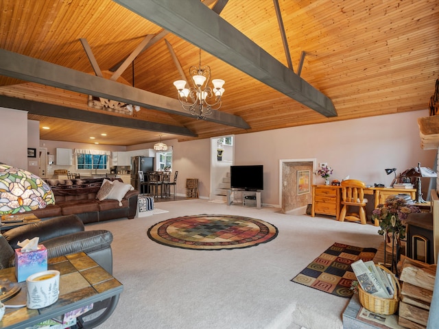 living room with an inviting chandelier, wooden ceiling, lofted ceiling with beams, and carpet flooring
