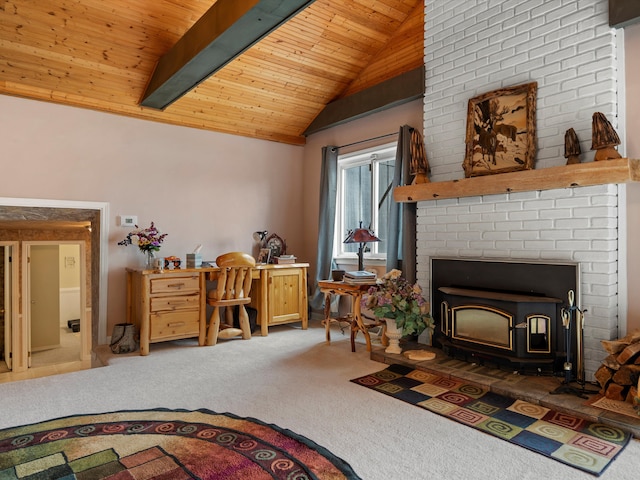 interior space with wooden ceiling, a wood stove, and vaulted ceiling