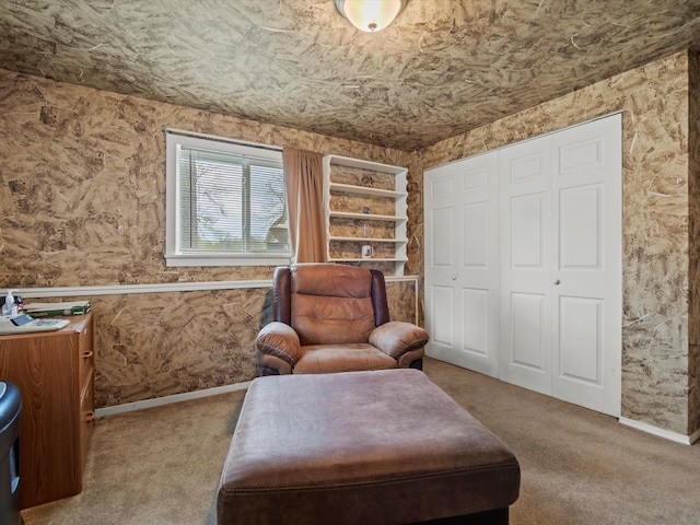 living area with baseboards and carpet flooring