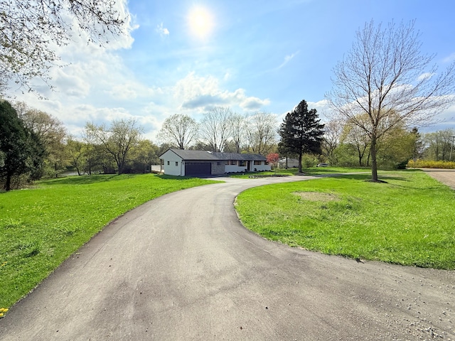 exterior space featuring a garage, curved driveway, and a front yard