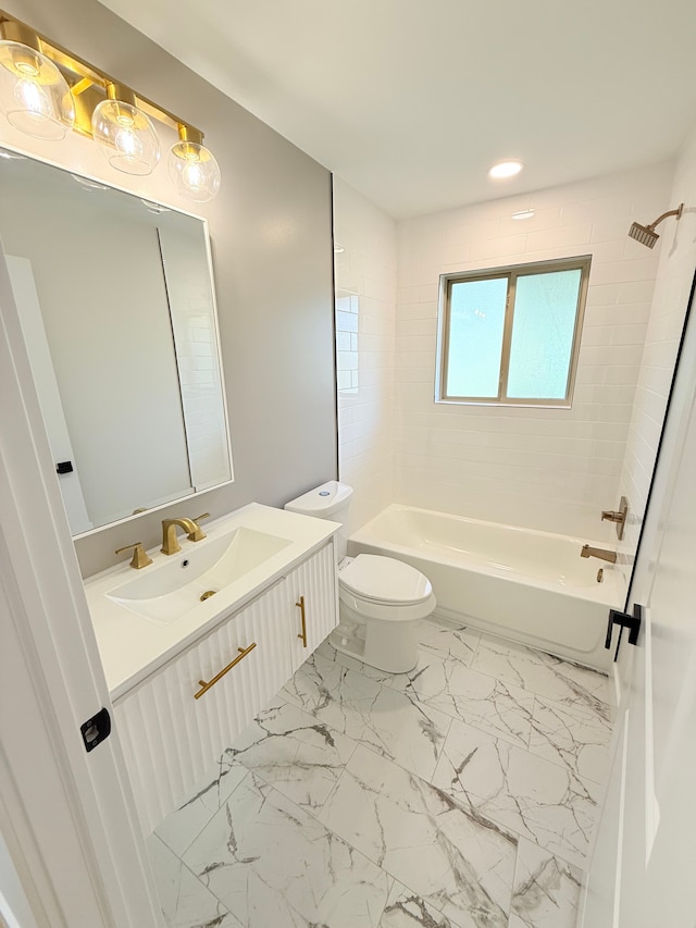 full bathroom featuring vanity, toilet, marble finish floor, bathing tub / shower combination, and recessed lighting