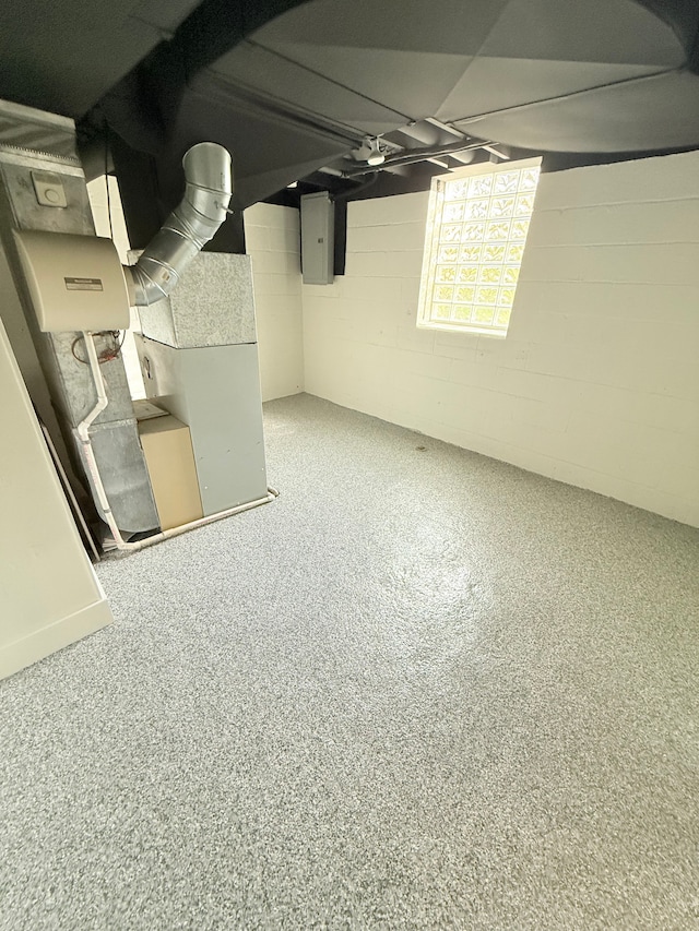 basement with concrete block wall and electric panel