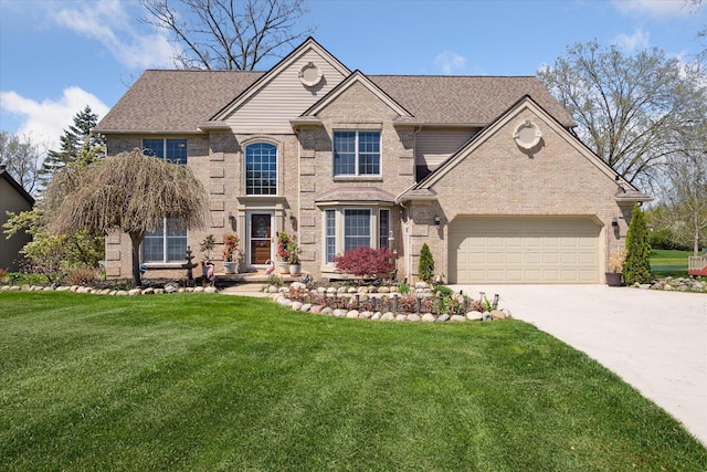view of front of home with a front yard, roof with shingles, brick siding, concrete driveway, and an attached garage