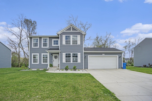 view of front facade featuring an attached garage, driveway, and a front yard