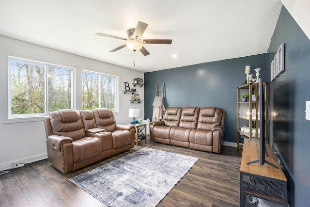 living area with recessed lighting, baseboards, ceiling fan, and dark wood finished floors