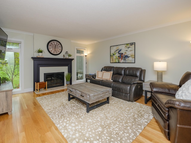 living room featuring crown molding, baseboards, a glass covered fireplace, and wood finished floors