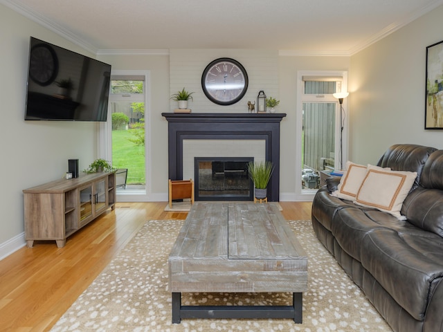 living area with baseboards, a fireplace with flush hearth, wood finished floors, and ornamental molding