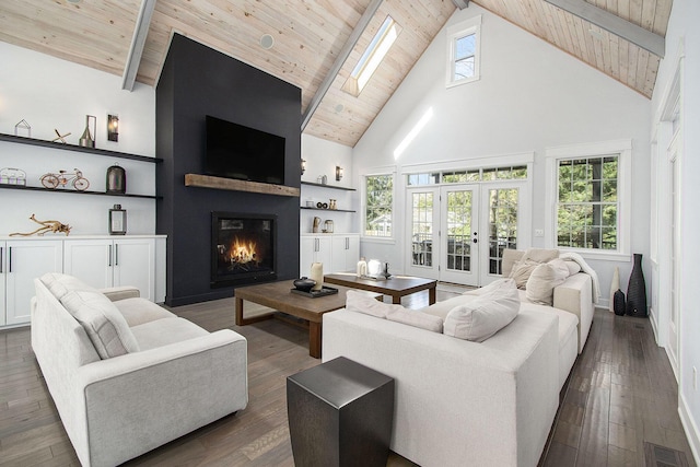 living area with visible vents, a fireplace, high vaulted ceiling, wooden ceiling, and french doors