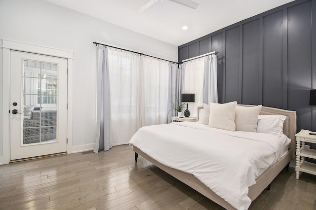 bedroom featuring visible vents, baseboards, ceiling fan, light wood-type flooring, and recessed lighting