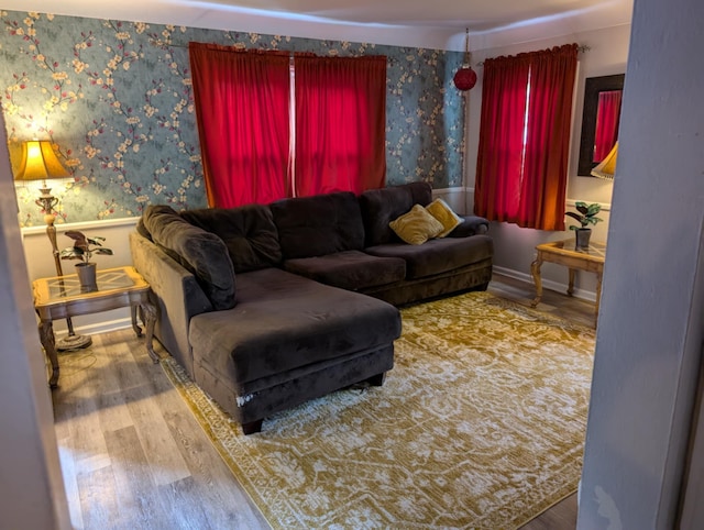 2326 Southampton Ave, Grand Blanc, MI 48507 - living room with wainscoting, wallpapered walls, and wood finished floors