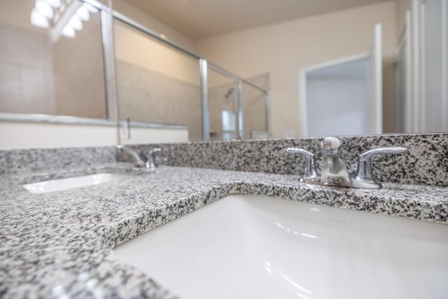 room details with double vanity, a sink, and a shower stall