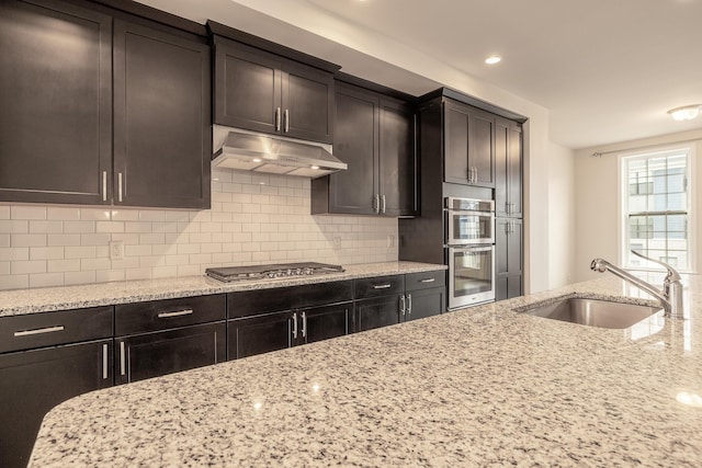kitchen featuring a sink, decorative backsplash, under cabinet range hood, and stainless steel appliances