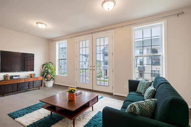 living area with baseboards, french doors, and wood finished floors