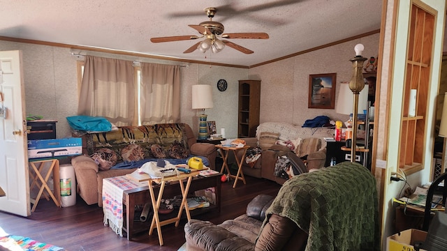 2513 Moore Dr, Allegan, MI 49010 - living area featuring lofted ceiling, ornamental molding, wood finished floors, a ceiling fan, and a textured ceiling
