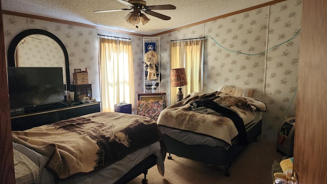 2513 Moore Dr, Allegan, MI 49010 - bedroom featuring ornamental molding, wallpapered walls, a textured ceiling, and ceiling fan