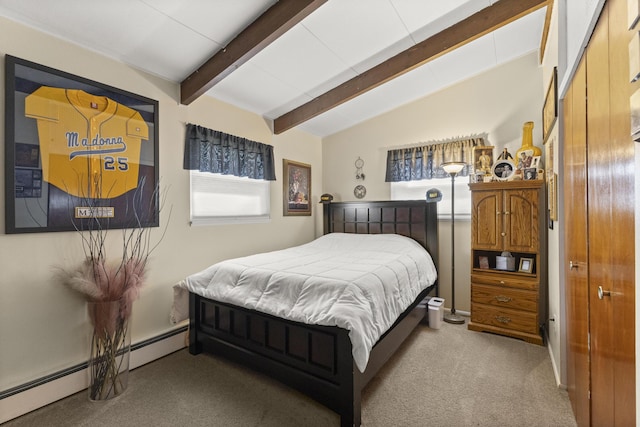 1560 S Carlson St, Westland, MI 48186 - bedroom with baseboard heating, vaulted ceiling with beams, and carpet