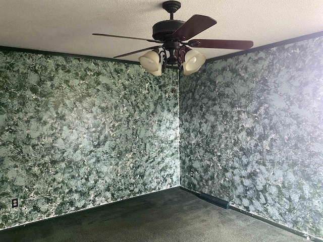 12036 S Custer, Dundee, MI 48133 - empty room featuring wallpapered walls, ceiling fan, carpet floors, baseboards, and a textured ceiling