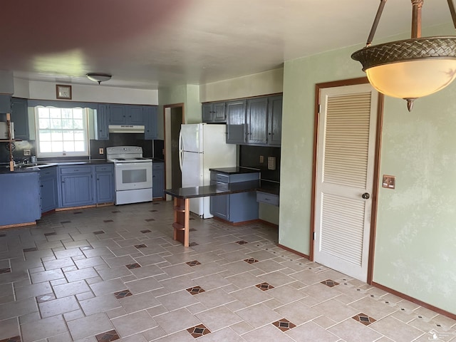 12036 S Custer, Dundee, MI 48133 - kitchen featuring white appliances, under cabinet range hood, dark countertops, blue cabinets, and a sink