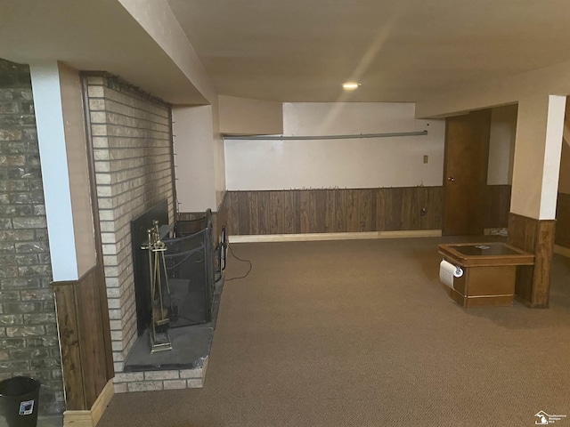 12036 S Custer, Dundee, MI 48133 - finished basement featuring carpet flooring, wainscoting, wooden walls, and a fireplace