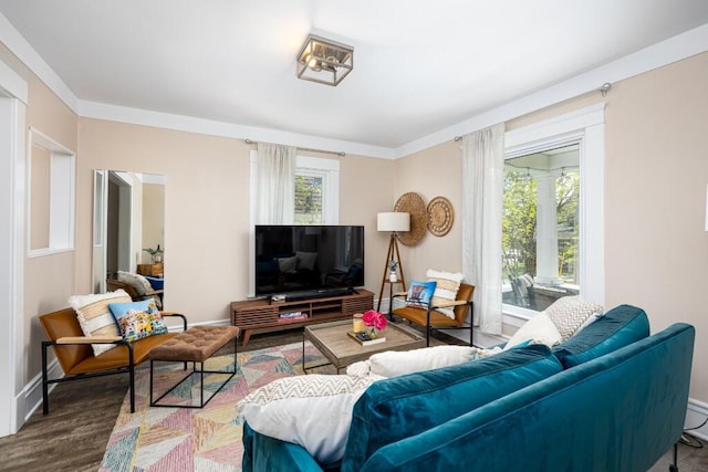 living area with baseboards and wood finished floors