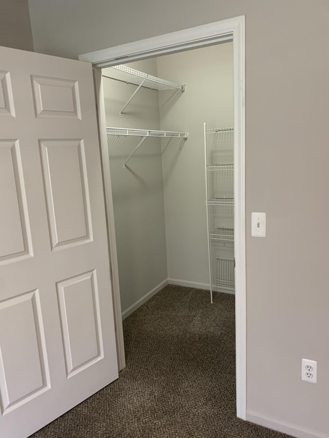 spacious closet featuring dark carpet