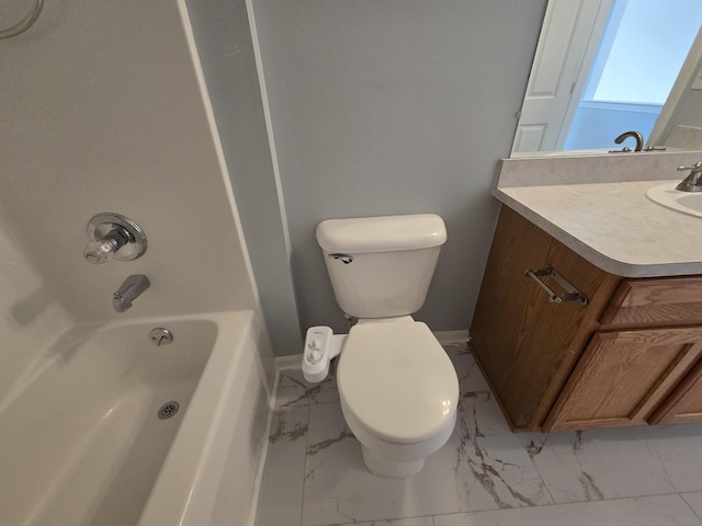 bathroom with vanity, shower / bathtub combination, toilet, and marble finish floor